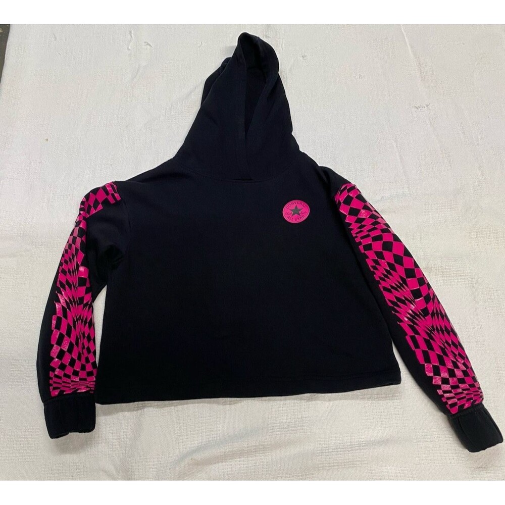 Converse Girl's Warp Check Cropped Hoodie Size M (10-12) Kids Black Neon Pink